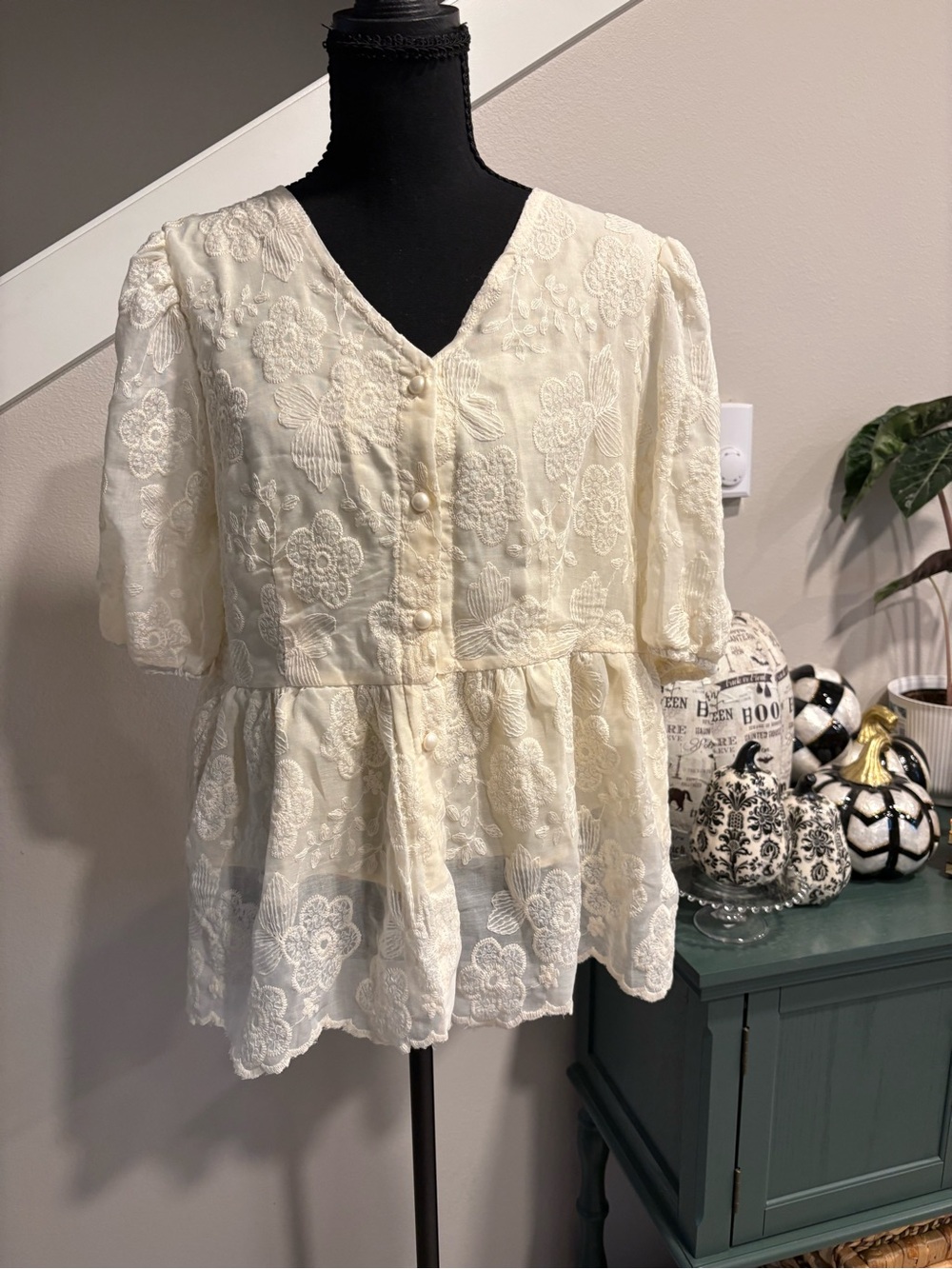 Women's Cream Embroidered Peplum Button-Front Blouse